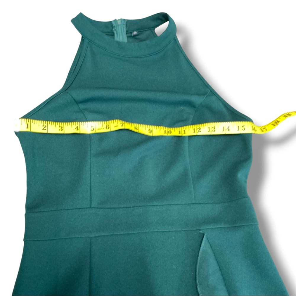 Sleeveless Hunter Green Halter Ruffle Front Evening Dress - Picture 7 of 14